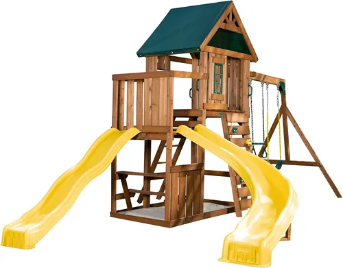 Vista 8 de Swing-N-Slide WS 8355 Castlebrook - Juego de columpios con dos toboganes, columpios y pared de escalada, madera