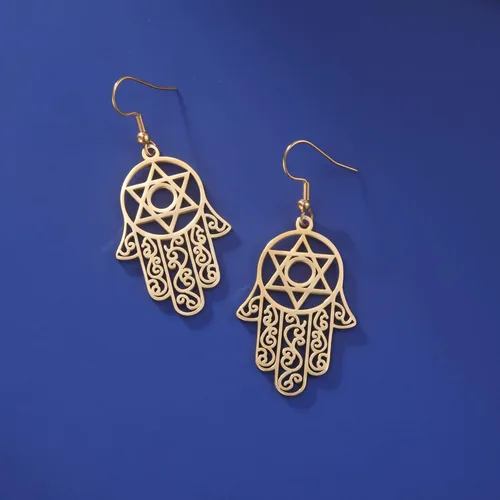Vista 3 de Hamsa - Aretes hexagonales de mano de Fátima con estrella de David contra el mal de ojo, nudo celta judío, protección para mujer, amuleto