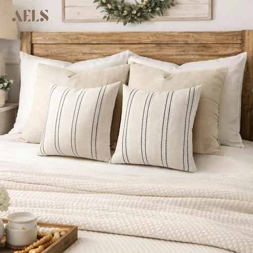 Vista 6 de AELS Fundas de Almohada Decorativas de Lino Estilo Granja de 16x16, Funda de Almohada con Textura Boho, Juego de 2, Beige con Rayas de Hilo Teñido