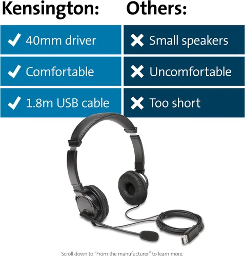Vista 7 de Kensington Auriculares USB de alta fidelidad con micrófono (K97601WW), color negro