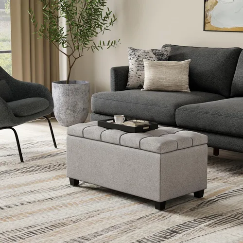 Vista 2 de SIMPLIHOME Sienna - Otomana de almacenamiento de tela con aspecto de lino Gris (Dove Grey)