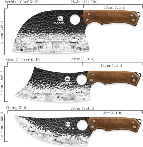 Vista 3 de Set de 3 cuchillos de carnicero, incluye cuchillo de carnicero de 17,8 cm, cuchillo de chef serbio de 17,8 cm y cuchillo vikingo de 16,5 cm, juego
