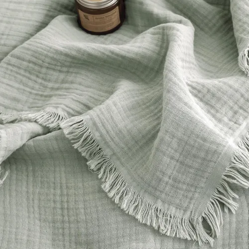 Vista 64 de FOSSA Manta de Muselina con Flecos - Gasa de Algodón 100% de 4 Capas Súper Suave y Transpirable - Manta Decorativa Ligera y Refrescante para Cama