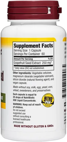 Vista 6 de NutriBiotic Cápsulas de extracto de semilla de pomelo 250 mg, 60 unidades - Máxima fuerza con bioflavonoides