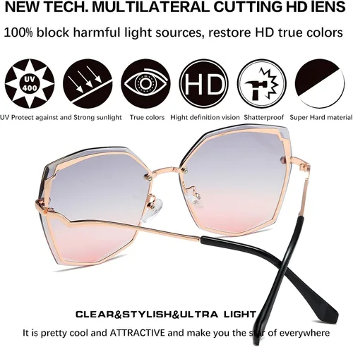 Vista 4 de Gafas de sol SNOTIO para mujer diseño poligonal moderno de gran tamaño diseño moderno degradado protección UV400 montura de metal lentes octagonales