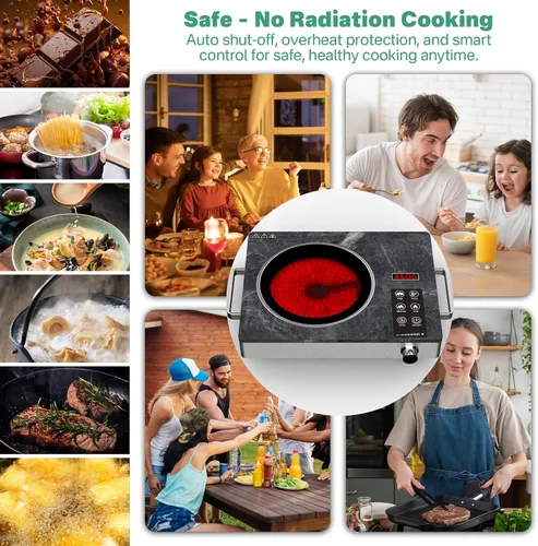 Vista 8 de 3500W Single Ceramic Hob with Marble Finish, Portable Infrared Hot Plate with Rotary Control, Safety Lock & Timer, Electric Cooker Compatible with