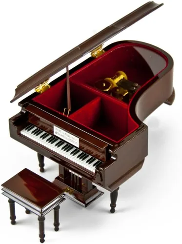 Vista 3 de Caja de música de piano con compartimento para joyas, sofisticado piano de cola musical en miniatura de 18 notas marrón brillante con banco, muchas