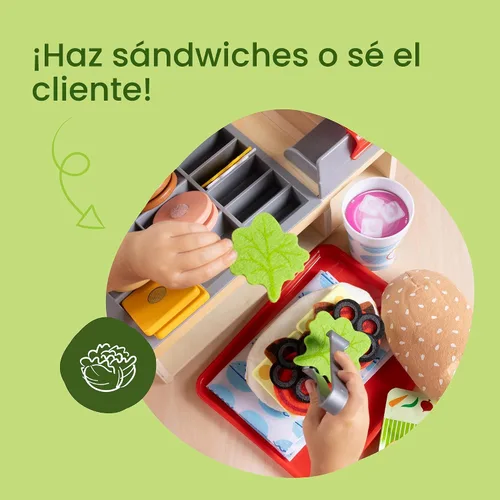 Vista 2 de Melissa & Doug Slice-Stack-Serve, mostrador de sándwiches de madera, tienda de juego de simulación con comida de juguete, dinero de juguete