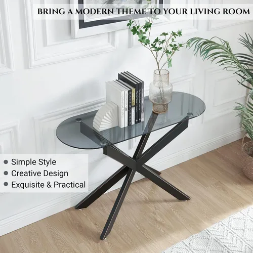 Vista 5 de Moderna mesa consola ovalada de vidrio, mesa de sofá estrecha para entrada, entrada, sala de estar, vestíbulo, pasillo, oficina, 45 pulgadas de Negro