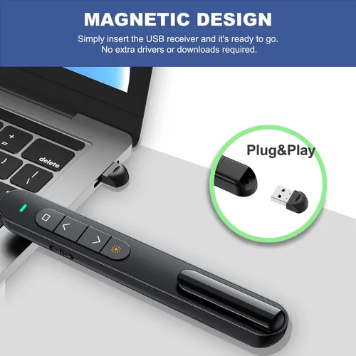 Vista 4 de QUI Clicker de presentación para PowerPoint, RF 2.4GHz USB Presentador inalámbrico remoto con Control de Volumen, Clicker de PowerPoint Avanzador