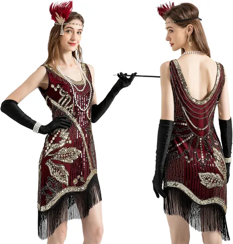 Vista 2 de Vestido flapper de los años 20, cuello en V, lentejuelas y flecos, disfraces de los años 20 para mujer, vestido vintage Art Deco con accesorios