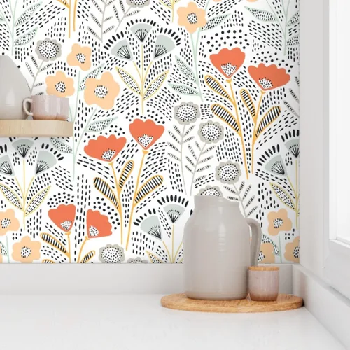 Vista 8 de Papel tapiz para despegar y pegar, diseño de flores de color naranja, papel pintado extraíble personalizado Spoonflower