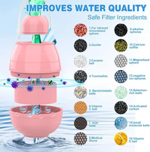 Vista 6 de Filtro de agua de baño para grifo de bañera y fregadero, piezas de repuesto, 8000 galones de filtración ｜ Elimina cloro, flúor y contaminantes, Rosa