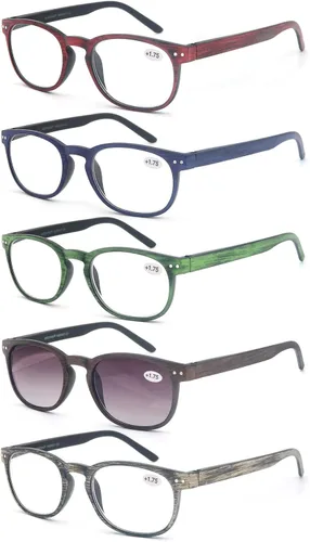 Vista 11 de MODFANS Paquete de 4 gafas de lectura 2.0, con bisagras de resorte de aspecto de madera, elegantes, para hombres y mujeres Paquete de 4