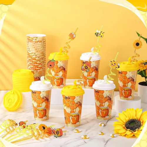 Vista 5 de Yungyan 16 juegos de tazas de golosinas con tapas y pajitas para decoraciones de cumpleaños, reutilizables, 16 onzas, vasos de plástico para dulces