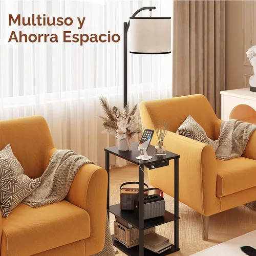Vista 7 de Lámpara de pie SUNMORY con mesa, mesa auxiliar para sala de estar con lámpara, mesa lateral con estantes y estación de carga (puerto USB y AC)