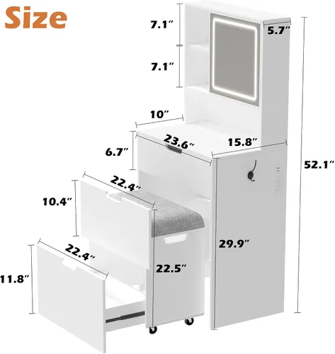 Vista 7 de Tocador pequeño con silla, espejo y luces, juego de mesa de maquillaje compacto para espacios pequeños, taburete de almacenamiento móvil