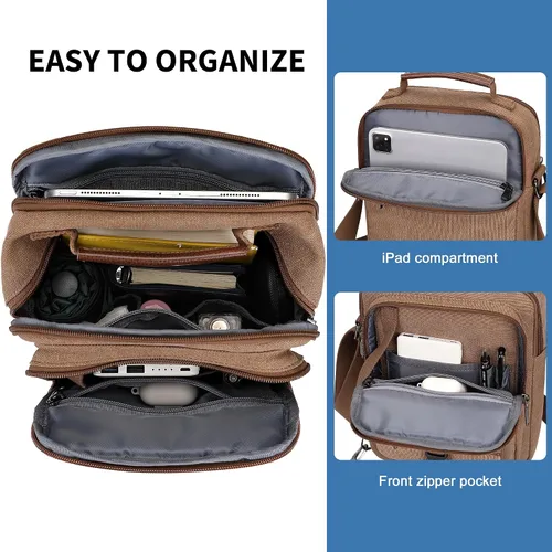 Vista 4 de WITZMAN Bolso cruzado para hombre, bolso de mensajero de lona, bolso vintage para hombre, bolso pequeño casual para el trabajo y viajes, Marrón