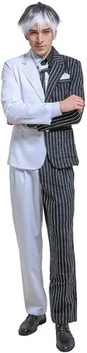 Vista 2 de miccostumes Traje de cosplay blanco y negro para hombre con corbata y cuello falso