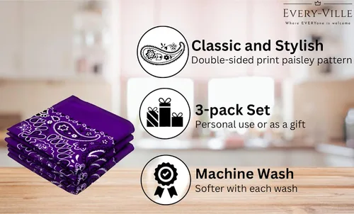 Vista 3 de EVERY-VILLE Where EVERYone is Welcome Classic Paisley Bandanas - 3 Pack Gift Set, 100% Cotton, 22x22 Inches