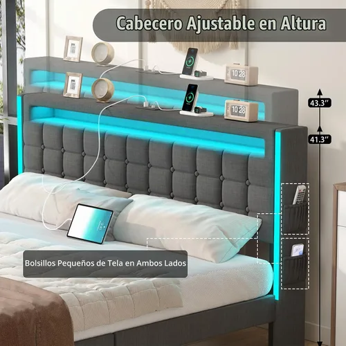Vista 5 de Marco de cama Queen con cabecero, marco de cama LED tapizado, sin somier Base de cama tapizada tamaño queen con estación de carga tipo C y USB