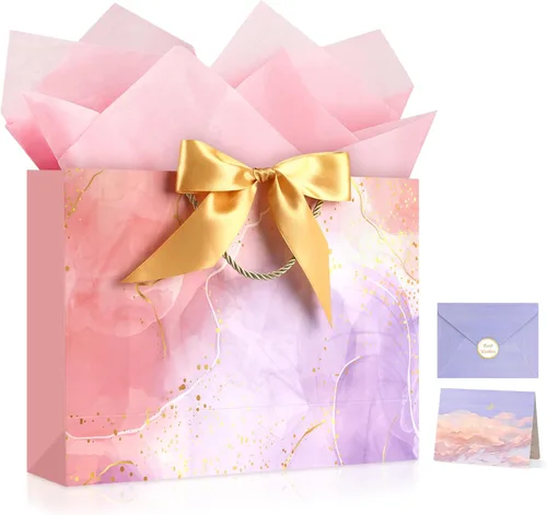 Vista 22 de JMANNI Bolsas de regalo, 3 piezas de tamaño mediano con cinta de lazo, bolsa de regalo de papel portátil, patrón de mármol, para cualquier ocasión