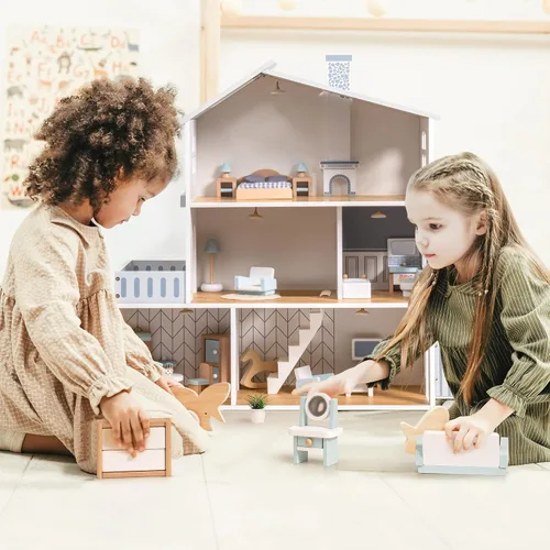 Vista 8 de ROBOTIME Casa de muñecas de madera, casa de muñecas de madera con 29 muebles, 6 habitaciones para muñecas de 4 a 6 pulgadas, regalo para niños a