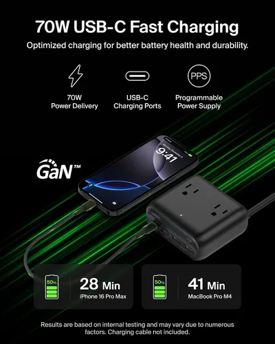 Vista 3 de Belkin GaN Estación de carga de 70 W, cargador USB C dual 7 en 1 con 3 salidas de CA, 2 puertos USB A, regleta de alimentación para iPhone, Apple
