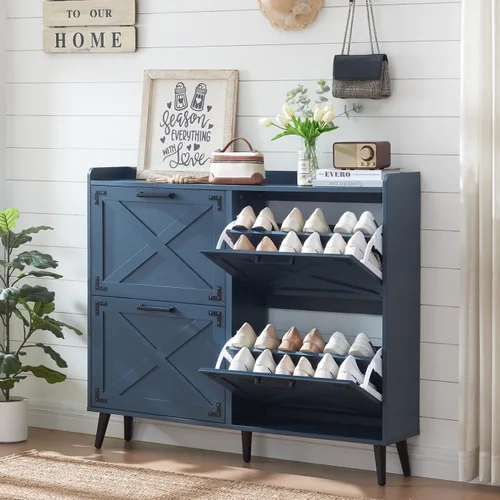 Vista 15 de Barnyatoh - Gabinete de almacenamiento de zapatos estilo granja, organizador de zapatos con 2 cajones abatibles y diseño de puerta de granero