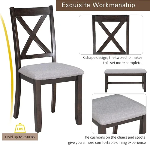 Vista 178 de Juego de mesa de comedor vintage de 6 piezas, juego de mesa de comedor de cocina de madera maciza con 4 sillas ergonómicas acolchadas y banco, mesa