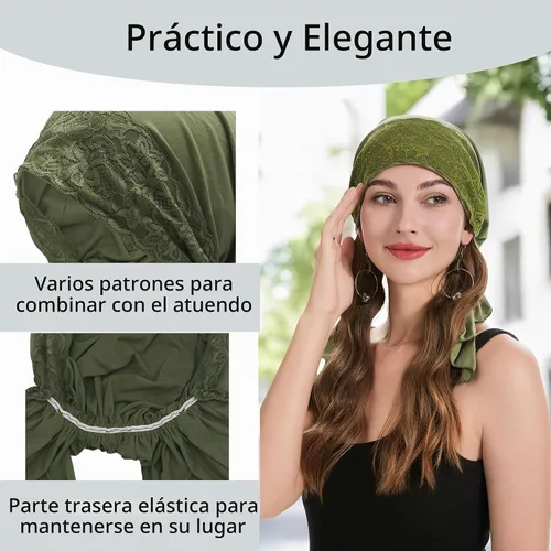 Vista 6 de ZLYC Gorro de quimioterapia para la cabeza preatado, gorro ligero para Verde (Lace Green)