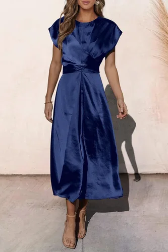 Vista 2 de PRETTYGARDEN Vestido midi de satén de verano 2023 para mujer, manga casquillo, lazo en la cintura, elegante, vestido acampanado