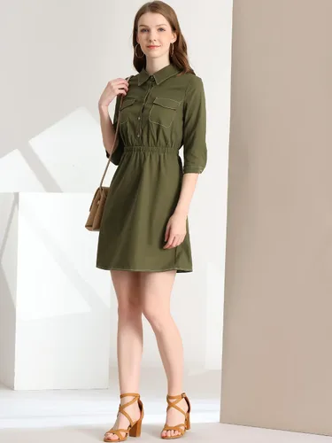 Vista 2 de Allegra K Vestido de manga 34 con cuello y cintura elástica para mujer, M