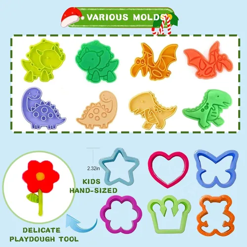 Vista 2 de Herramientas de masa para niños, accesorios de masa, moldes de dinosaurio, rodillos de frutas, tijeras y caja de almacenamiento, juego de recuerdos
