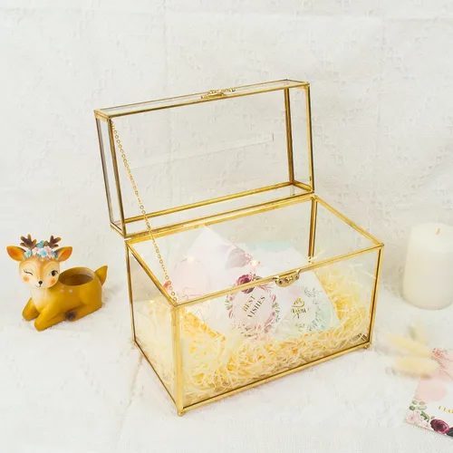 Vista 8 de YIMORENCE V Tarjetero de cristal dorado – Caja de sobres de boda con forma rectangular con ranura y pie, perfecto para recepción y centro de mesa