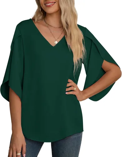 Vista 18 de Blusas de gasa con mangas 3/4 arrugadas de otoño para mujer de Jouica 01amy Verde