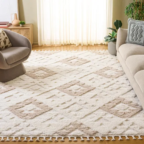 Vista 73 de SAFAVIEH Alfombra marroquí con borlas, 2 x 3 pies, marfil y marrón, no desprende pelusa y fácil de limpiar, textura alta y baja, ideal