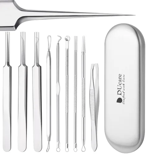 Vista 9 de DUcare Kit de herramientas para reventar espinillas, herramientas para quitar puntos negros, pinzas para el cabello encarnado, extractor de Plateado