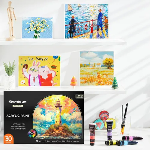 Vista 8 de Juego de pintura acrílica de 30 colores Shuttle Art, tubos de 36 ml con 3 pinceles, pintura acrílica de grado artista, para niños, adultos