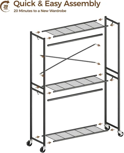Vista 7 de HYSEYY Rolling Clothes Rack Heavy Duty Clothing Rack for Hanging Clothes Freestanding Garment Rack with Shelves & Wheels, Sturdy Portable Wardrobe