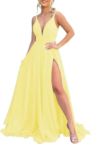 Vista 16 de Vestidos largos de dama de honor para mujer, con abertura, cuello en V, vestido de fiesta formal para boda