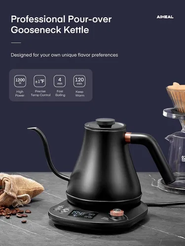 Vista 9 de Hervidor eléctrico de cuello de cisne con control de temperatura, hervidor eléctrico para café y té, interior de acero 100% inoxidable