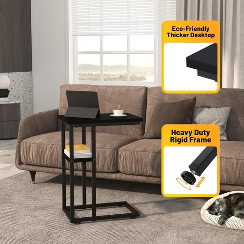 Vista 3 de Mesa auxiliar en forma de C, mesa auxiliar resistente de 2 niveles en forma de C para sofá, mesita de noche, espacio pequeño, mesa auxiliar