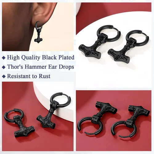 Vista 5 de FaithHeart Viking Thors - Aretes de cabeza de martillohachalanza para mujeres y hombres acero inoxidable chapados en oro de 18 quilates joyería