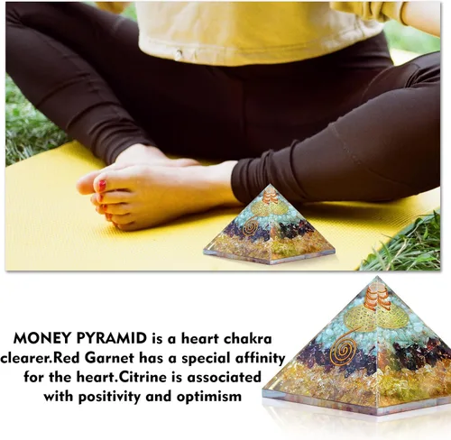 Vista 3 de Pirámide de orgón de triple dinero que atrae riqueza y prosperidad: pirámide de cristales para energía positiva y meditación Yoga Energía positiva