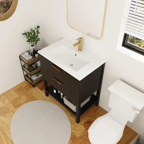 Vista 8 de Tocador de baño negro de 30 pulgadas con fregadero, tocador de baño independiente, tocador de baño, armario de tocador, 2 cajones y 1 estante abierto