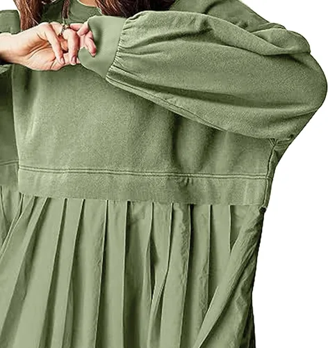 Vista 3 de Sudadera plisada fluida para mujer, vestido de sudadera de gran tamaño, cuello redondo, manga larga, sin botones, Ofertas de de C-green