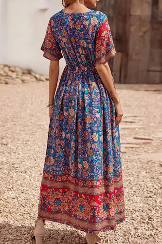 Vista 5 de PRETTYGARDEN - Vestido casual de playa y de verano para mujer, de estilo bohemio, manga corta, cuello en V y con estampado floral, vestidos largos