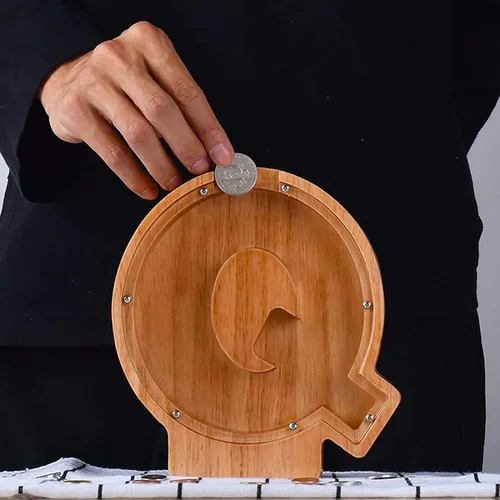 Vista 2 de Alcancía de madera con letras para niños y niñas, 26 letras del alfabeto, caja de ahorro de dinero, regalo de cumpleaños para niños y adultos C