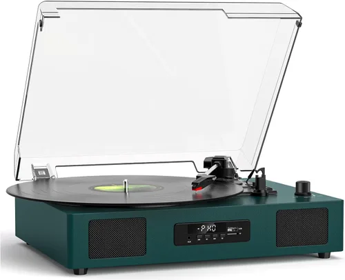 Vista 10 de Tocadiscos de vinilo vintage con altavoces integrados, tocadiscos de 3 velocidades por correa, reproducción Bluetooth, grabación USB/TF, parada